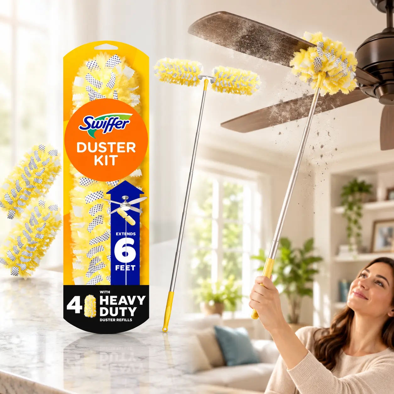 Swiffer Heavy Duty 6 ft Super Extender Duster Kit 4 Refills,5X dust pickup,95% allergen removal,360-degree fibers,dust-busting strips,Trap + Lock,pivot head,4 positions,fan blade,ceiling vents,light fixtures,bookcase tops,blinds,high shelves,hard-to-reach