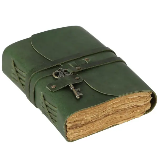Leather Bound Vintage Journal Retro Travel Diary Handmade Paper Notebook With Key, 7x5 Unlined, 240 Pages, Green