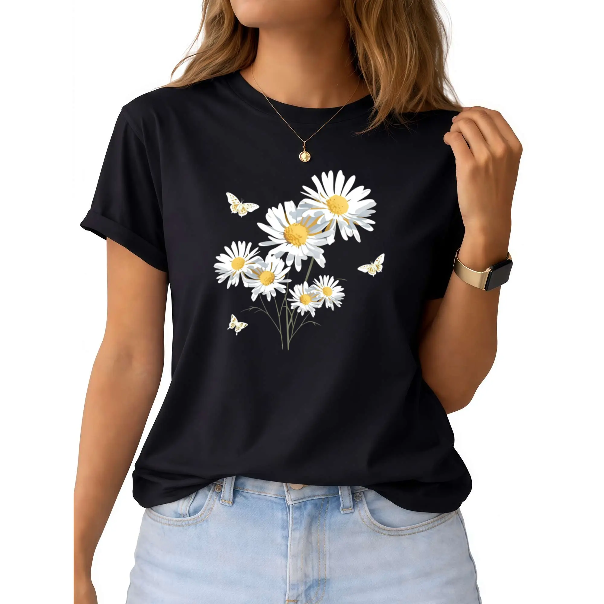 2026 Women's Round Neck Casual T-Shirt, White Daisy And Butterfly Print T-Shirt, Fresh And Natural Style, Countryside Floral And Insect Design, Round Neck Top, Breathable, Lightweight And Comfortable, Perfect For Spring And Summer