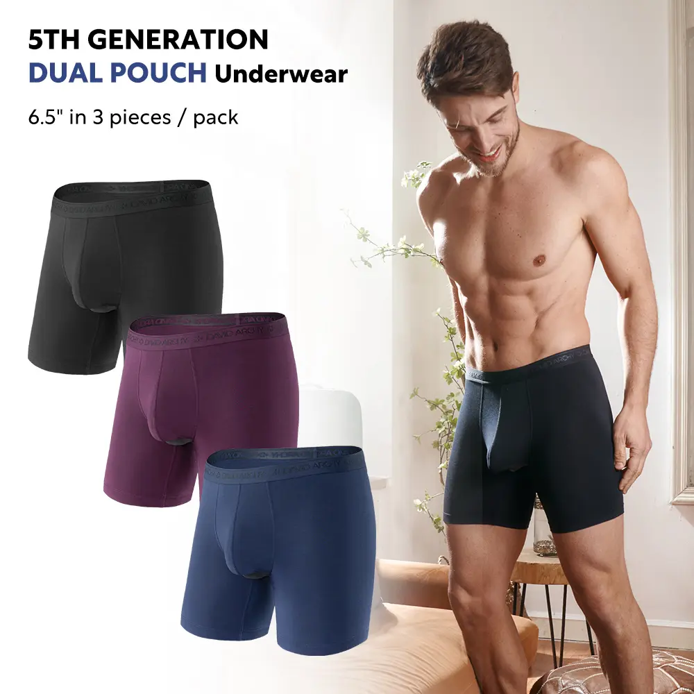 DAVID ARCHY Men's Silky MicroModal Separate Pouch Boxers with Fly - 3-Pack Casual Menswear, 6.5-in Ball-Support Plain Style, Black/Navy Blue/Wine, Soft Elastic Breathable Spandex Fabric, Day Wear Fathersday Gift, S-XXL (TikTokShop Restock)