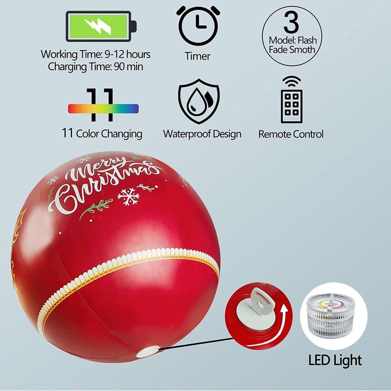 24 Inch Light up with 16 RGB colors PVC Inflatable Christmas  Ball  Electric Air Pump,  Large Weight Stand Firmly Yard, Outdoor Decorated Ball with Remote for Yard & Pool Mixed