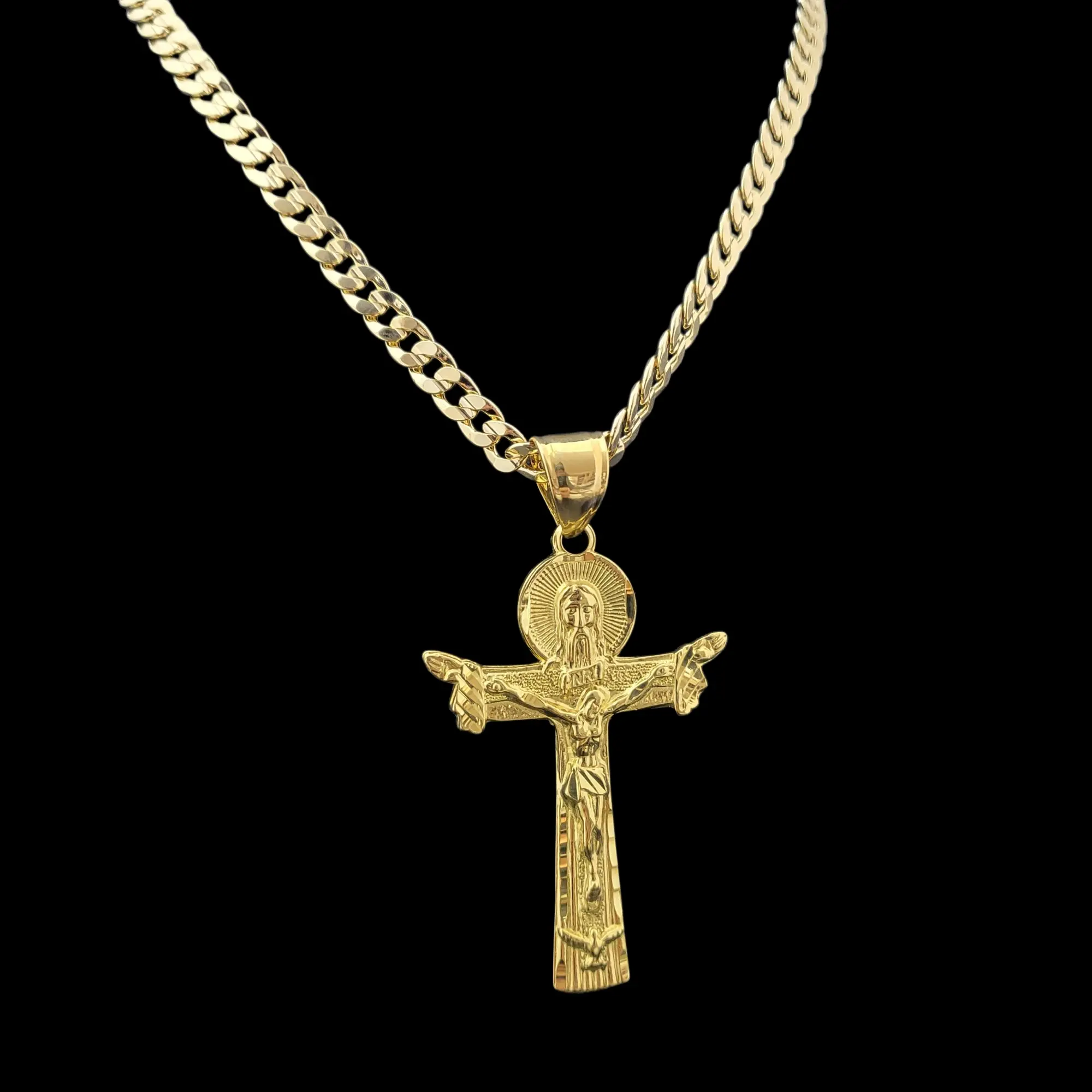 MaxBling81 AAA+ High-End Brass Gold-Plated Jesus Cross Crucifix Religious Pendant Charm with 7mm Long Cuban Chain Necklace (20", 24", 30" Options), 14K Stamped Lock, High-Quality Polished