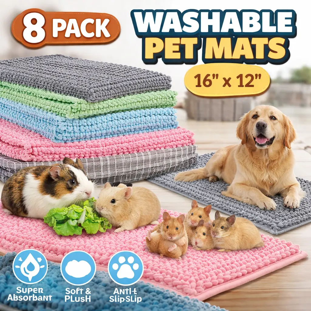 8-Pack Rectangular Microfiber Chenille Guinea Pig Cage Liners - 16x12in Fleece Mats, Reusable Small Animal Bedding Pee Pads for Bunnies, Chinchillas - Non-slip, Absorbs Moisture, Cozy Surface, Machine Washable