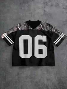 06 Camo Yoke Oversized Crop Football Jersey - TikTokShopBlackFriday Deals FallFashion, Trendy Streetwear Top, Sportswear Top, Sports Tops, Retro Varsity Number & Camo Shoulder Detail, Casual Outfit, Versatile Daily Wear Essential