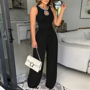 CHICME Women's Rhinestone Decor O-neck Sleeveless Pleated Overalls Elegant Cinched Waist Zipper Back Wide Leg Jumpsuit with Hollow Water Drop