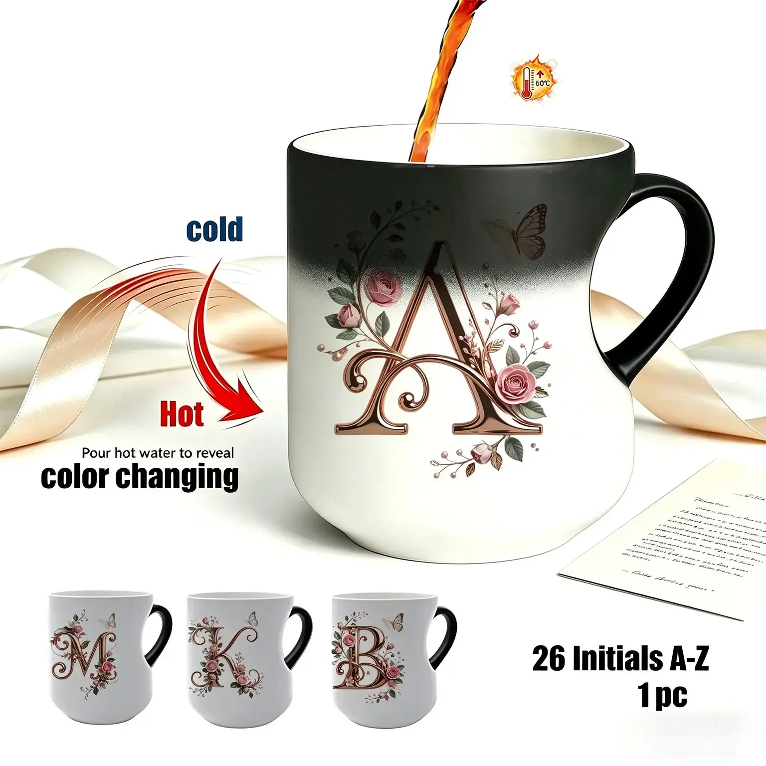 Rose Gold Floral Initial Heat-Sensitive Color-Changing Mug, Magic Coffee Cup, Unique Personalized Unique Gifts for Girlfriend & Family, Home Festive Supplies #GLOBAL PICKS, Girlfriend Gifts