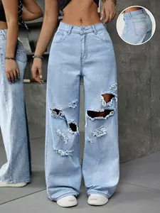 New Trendy Bow Embroidered Jeans, Hole Design Bell Bottoms, Slim Fit Long Pants, Casual Style, All Seasons, Loose-Fitting