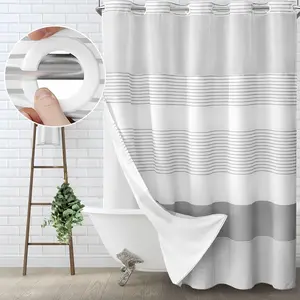 Gray striped geometric double-layer shower curtain, no-drill hookless design, with sheer top window for light transmission, quick installation and easy removal for cleaning, suitable for hotels, homestays, and modern home bathrooms, 72 × 75 in