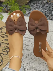 2026 Summer New Bow - decorated Flat Sandals, Multi - color (Green/Brown/Black/Yellow/Red/Orange/White) Square - toe Open - toe Soft - sole Women's Slides, Versatile for Daily Streetwear/Vacation/Home