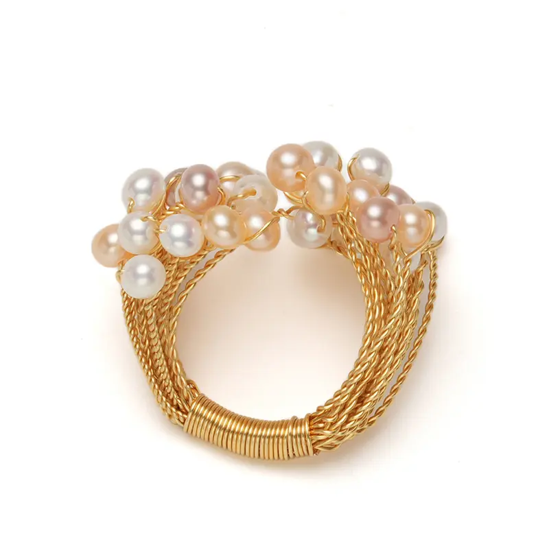 Handcrafted Gold Mesh Ring with Multicolor Pearl Cluster Details, Elegant Fairycore Inspired Jewelry for Women