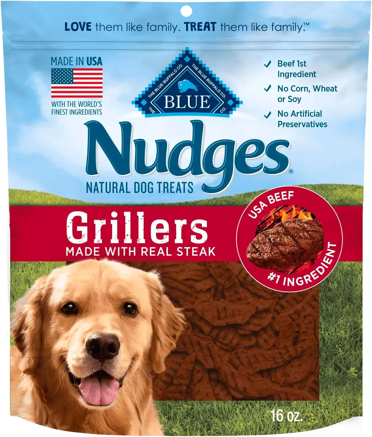 Natural Dog Treats with Real Steak | Blue Buffalo Nudges Grillers | Made in the USA | 16 oz Bag