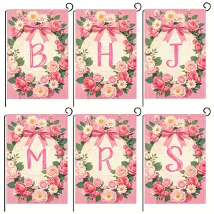 Spring Pink Bow Garden Flag, Initial Name Flag, Spring Flowers and Pink Bow Flag, Courtyard Family Surname Flag, 12x18 inches, suitable for spring, Easter, and holiday outdoor decoration, home and scene decoration, does not include flagpoles