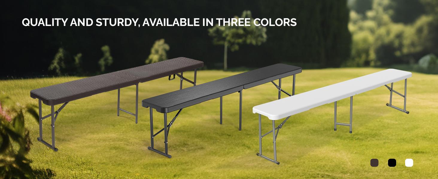 VINGLI 6 feet Plastic Folding Bench,Portable in/Outdoor Picnic Party Camping Dining Seat, Garden Soccer Multipurpose Entertaining Activities, Smooth HDPE Tabletop, 1/2 Pack, White/Black/Brown