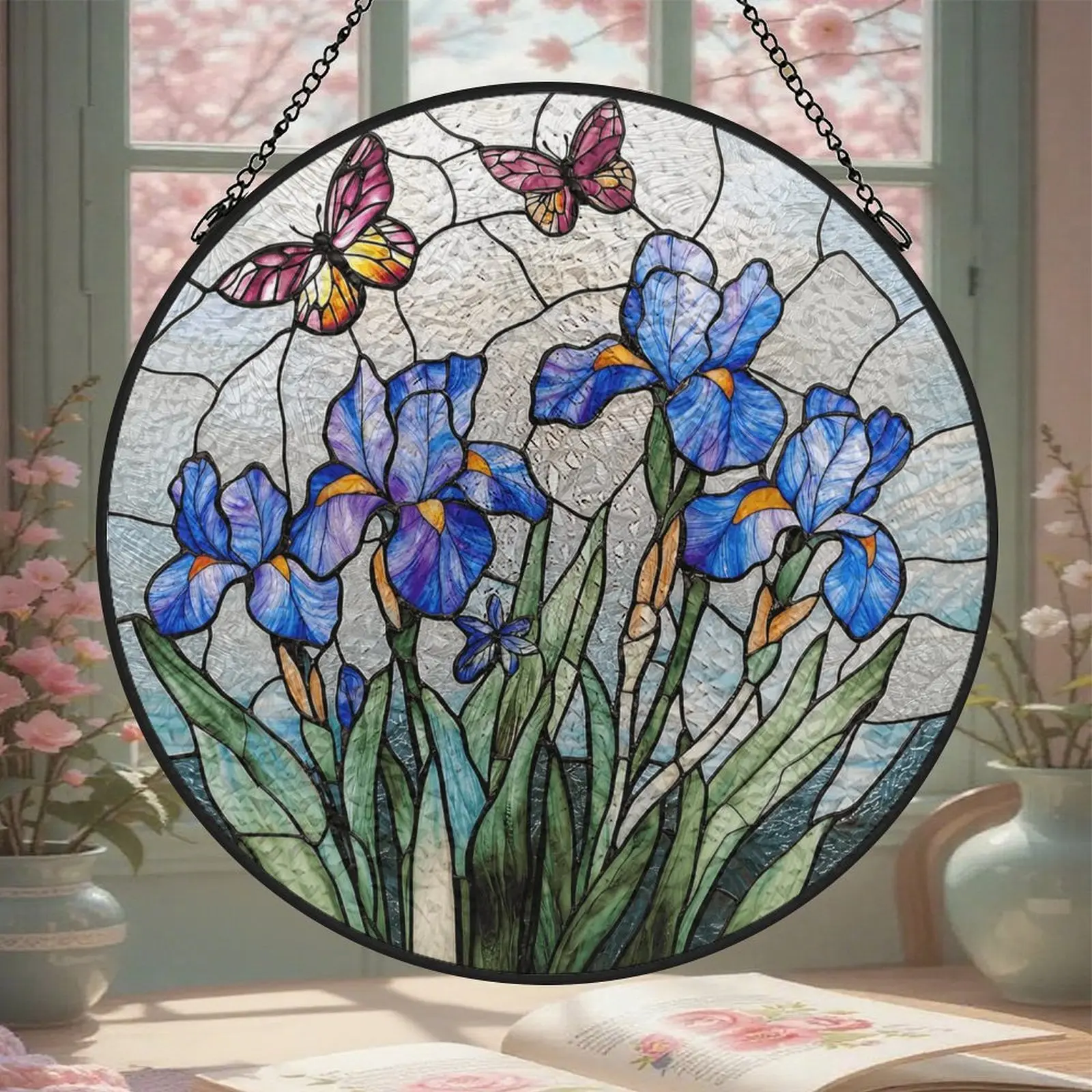 Stained Glass Window Hanging Suncatcher - Metal Frame Blue Iris Flowers & Butterflies, Double-Sided UV Printed Colorful Glass Panel with Light, Multi-Size (5.3in/6.3in/7.8in) Home Supplies Decor Gift for Women, Christmas Ornament