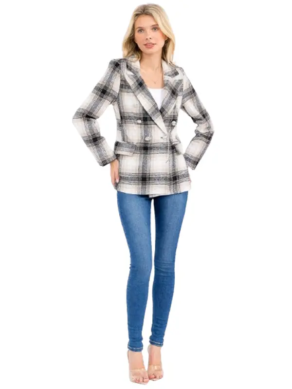 Women's Double Breasted Plaid Blazer, Long Sleeve Button Front Jacket with Pockets, Black and Beige Checkered