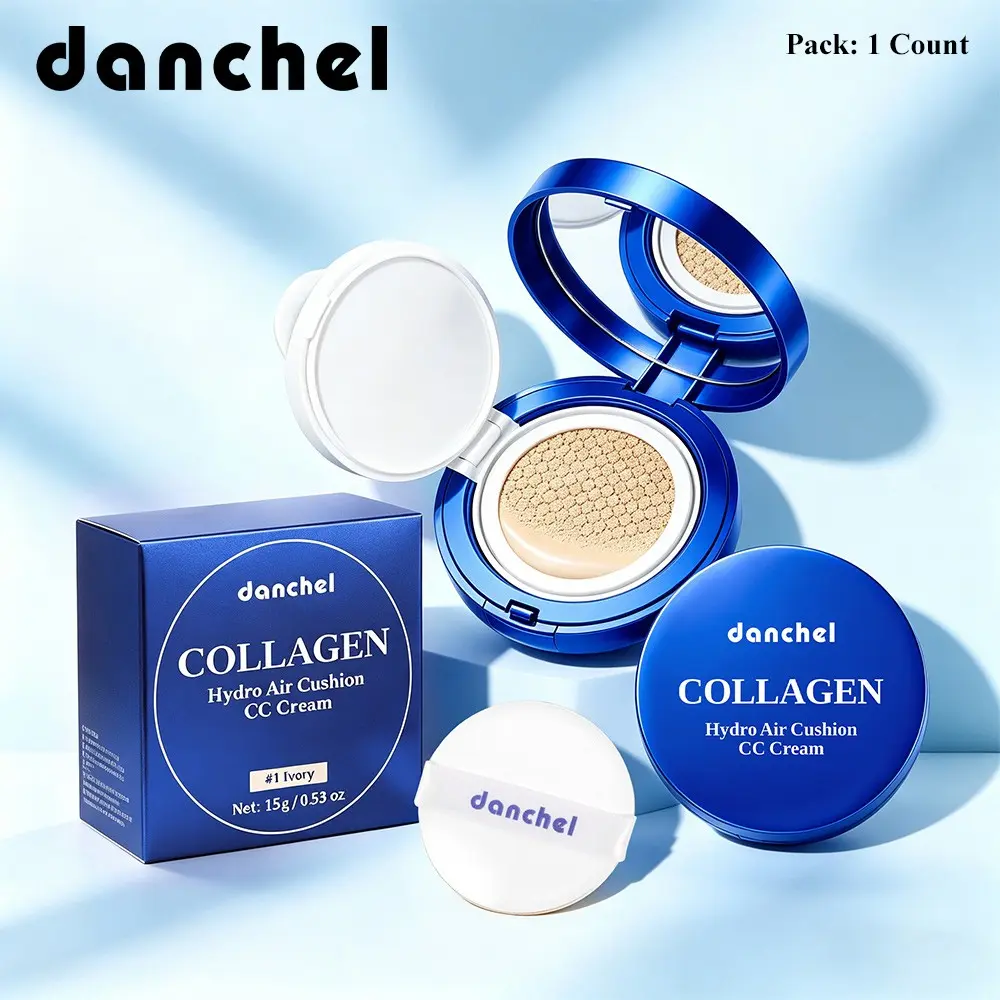 danchel Collagen Air Cushion CC Cream, Makeup Cream, Skincare-Infused Foundation, Long-Lasting Wear, Buildable Medium Coverage, Lightweight & Blendable, Natural Dewy, Non-Cakey, Skin-Like Finish, Ideal for Fair to Medium Skin Tones, Lightweight Cosmetic