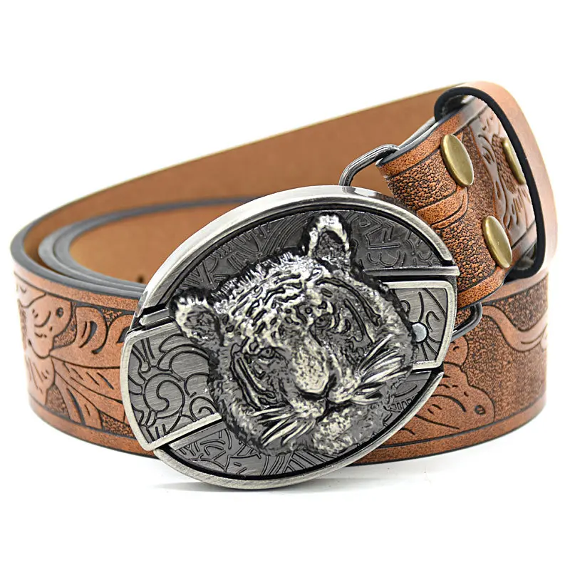 Leopard head knife buckle embossed brown