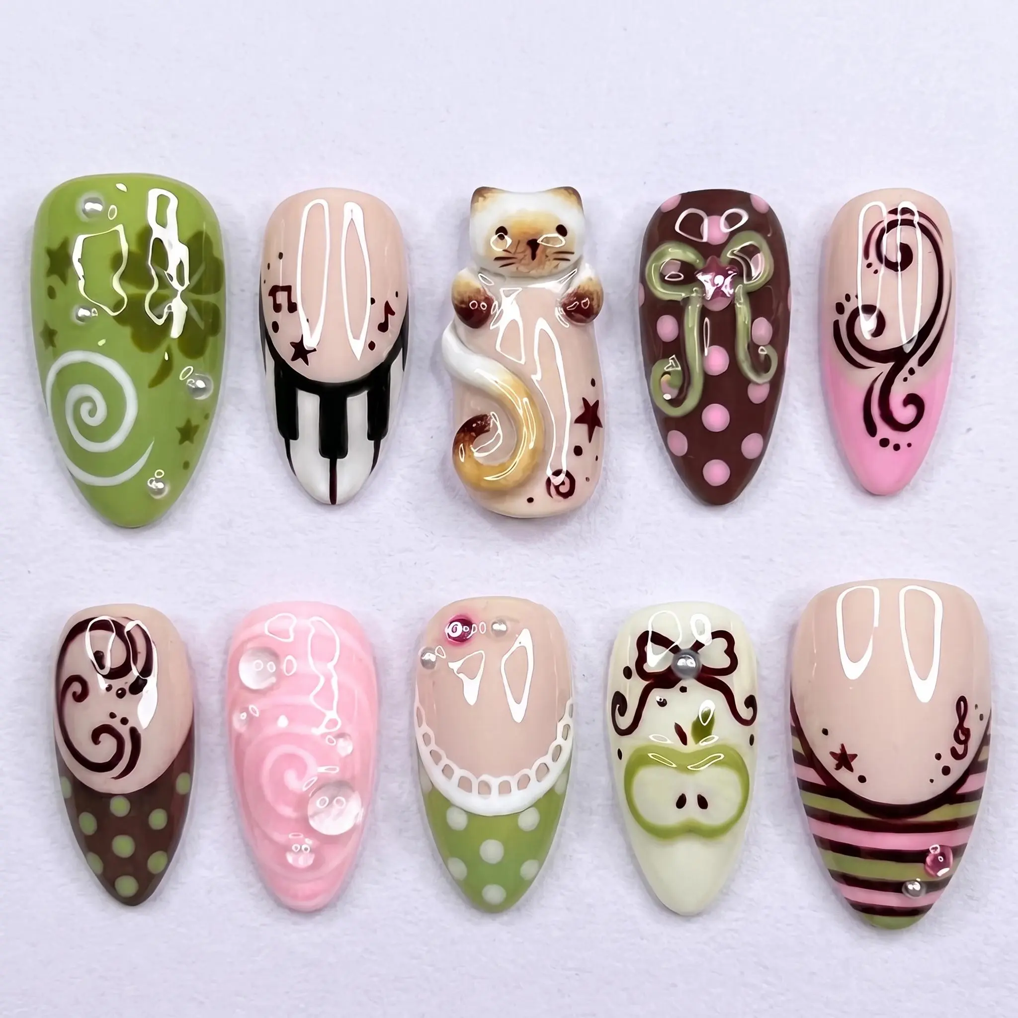 Kawaii Matcha Press On Nails, 3D Cat Charm with Apple, Chocolate Dot and Musical Design, Soft Green Pink Aesthetic, Handmade Reusable Almond Nail Set