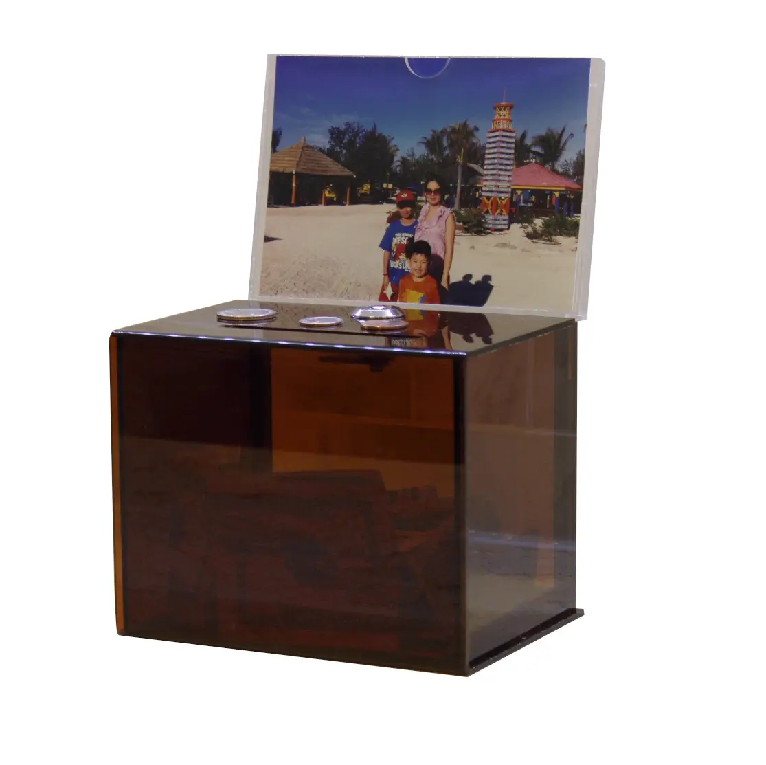 FixtureDisplays® 6.1" x 8.9" x 4.4" Acrylic Ballot Box with Lock, 6 x 4 Sign Holder - Amber 19215NEW-NF