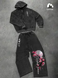 Men's Floral Graphic Two-Piece Casual Streetwear Tracksuit Set with Zip Hooded Sweatshirt and Drawstring Wide Leg Pants, Spring & Summer Sportswear