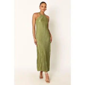Melody Plisse Halter Maxi Dress - Olive