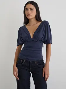Deep V Batwing Sleeve Ruched Short Top, Front Back Dual V Neck, Loose Batwing Sleeves, Waist Cinching, Slimming, Casual Commute Date Wear
