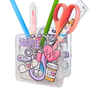 Nurse Acrylic Pencil Holder with Printed Design, Desk Accessories Holder, Makeup Brush Storage Organizer, Modern Design Desktop Stationery Organizer for Office School Home Supplies, Desk Organizer Tidy, Stationary Organizer Holder