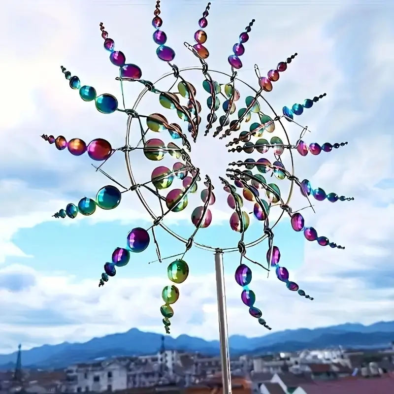 Metal Outdoor Wind Turbines, Rainbow Color Blades, Garden Decoration & Air Purifier, Durable Metal Structure, Modern Art Design, Garden Sculptures Statues