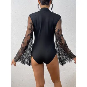 Rich Contrast Lace Bodysuit - Fashionable Mock Neck with Delicate Bell Sleeves - Alluring Sheer Detailing - A Stylish Womens Wardrobe Staple Womenswear Tops