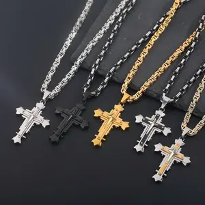 Super Cool Men's Stainless Steel Electroplated Engraved Cross Pendant with 5MM Emperor Chain - Fashionable Hip-Hop Style Party Accessory