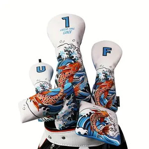 MAXBASE Koi Fish Pattern Golf Club Cover - Waterproof PU Elastic Self-Sealing Head Protector, Black with Colorful Koi & Wave Design, Durable Golf Accessories Gift for Men & Women, Golf Bag Accessories, Sporty Design, Secure Fit Cover