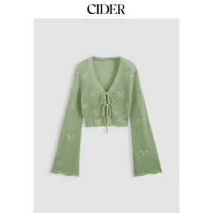 Cider [6 colors, size 2-10] Solid Hollow Out Knit Knotted Cardigan