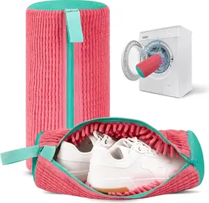 Shoe Machine Bag, 2 Piece, Laundry Shoe Bag for Washer and Dryer, Reusable Microfiber Shoe Bag with Zipper for Tennis Shoes, Sneakers, Running Shoes, Pink and Green