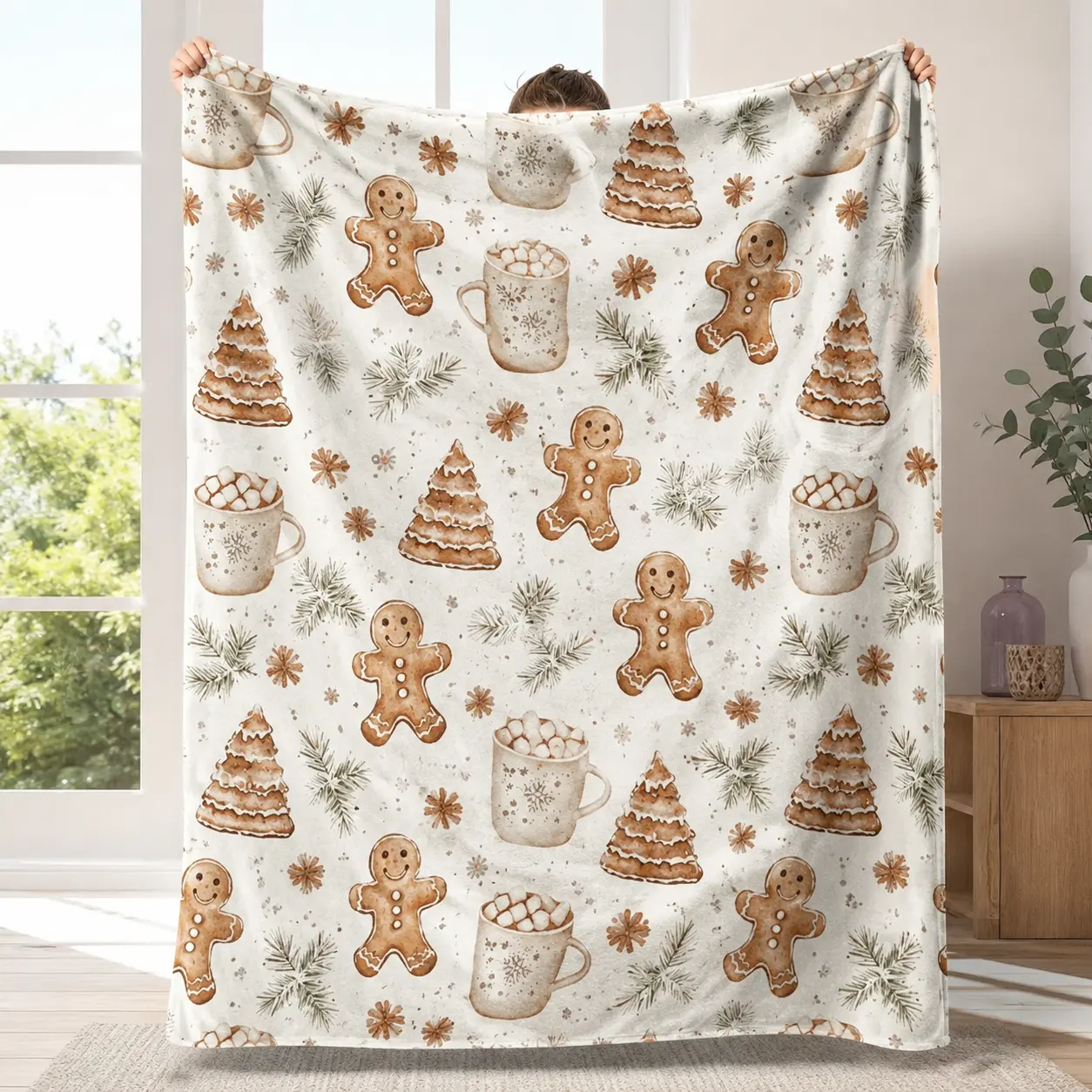 Gingerbread Man Printed Flannel Blanket Throw - Cozy, Gentle Soft Boho Home Decor for Christmas, Ideal Gift for Family, Perfect for Hot Cocoa Moments, Cozy Blanket
