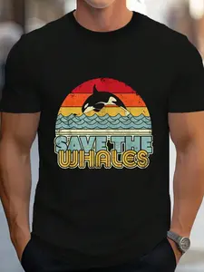 100% Cotton Save The Whales Shirt. Retro Style Orca, Killer Whale T-Shirt Women's Men's Graphic Tee Crew Neck summer vacation Tops