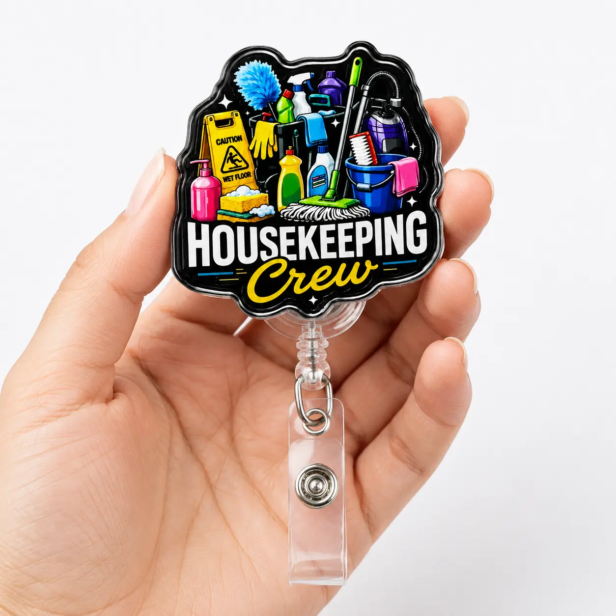 Badge Reel for Housekeeping Crew and Cleaning Staff, Colorful Acrylic Retractable ID Badge Holder with Mop Bucket Spray Bottles and Wet Floor Sign Design, Fun Work Accessory for Housekeepers Janitors and Facility Staff, 2 3 4 Inch
