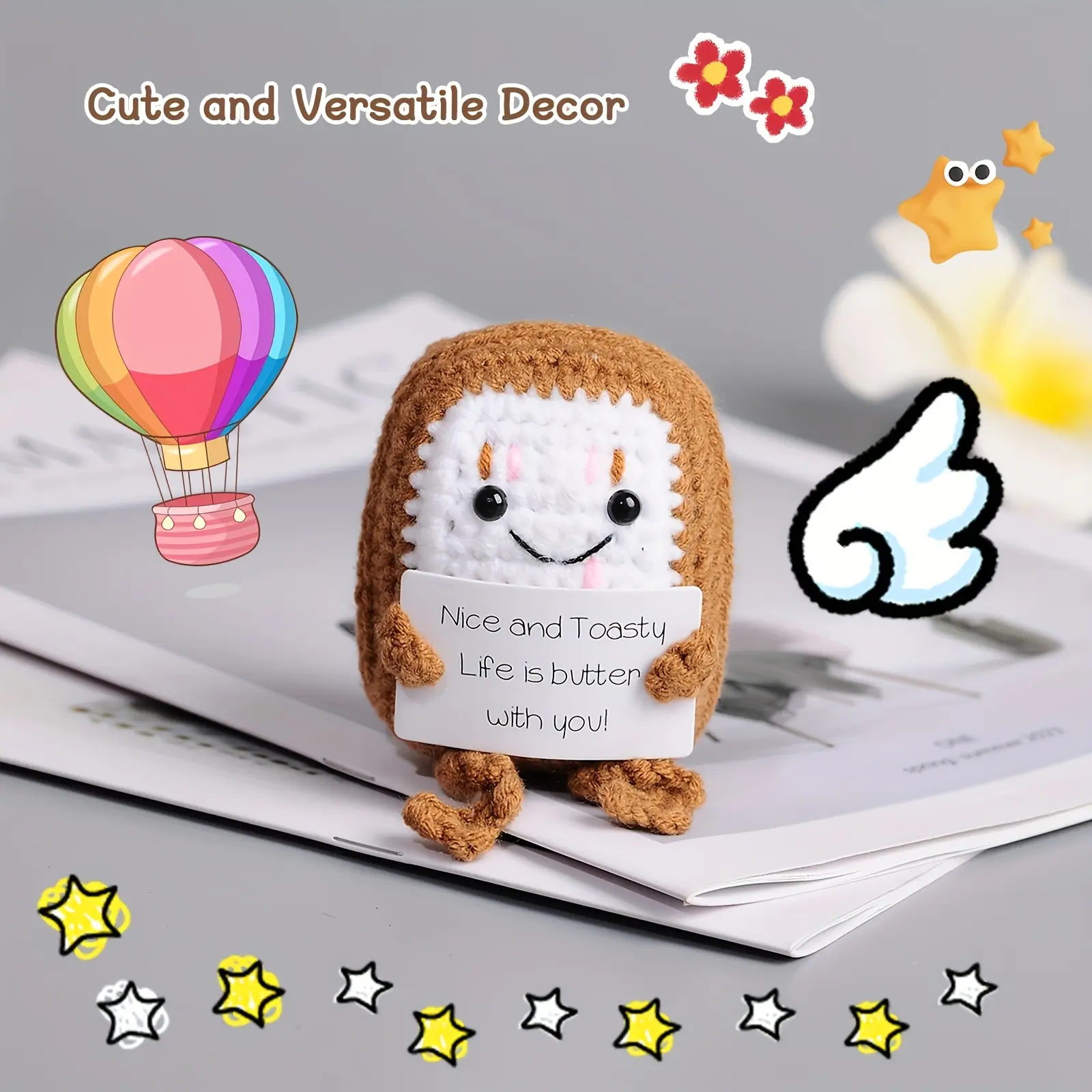 Handmade Crochet Toast Doll Decoration with "Nice and Toasty Life is Better with You" Sign Perfect for Living Room Bedroom or Office Fun Meme Gift Charming Accent Piece Textured Surf