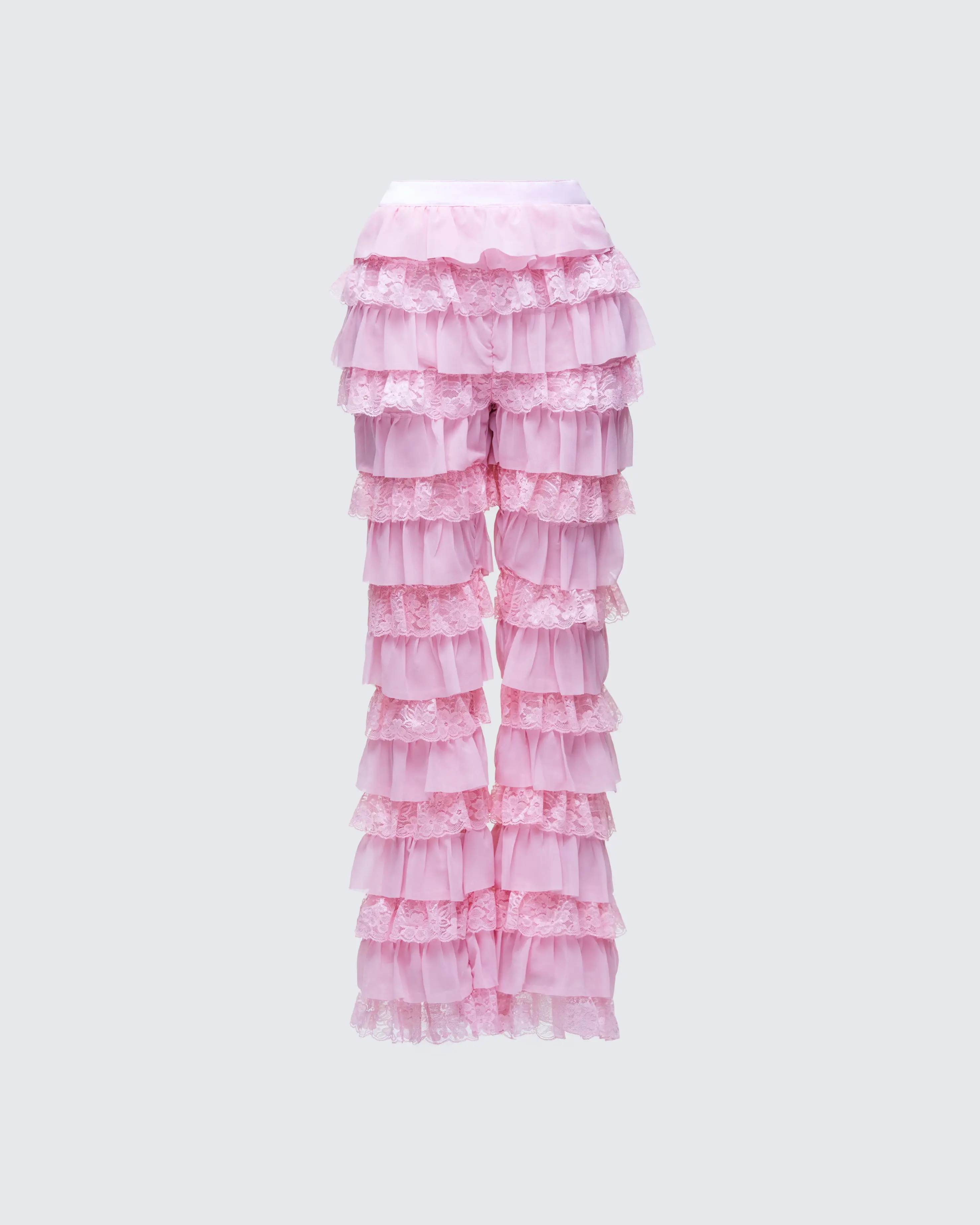 Women's High-Waisted Polyester Chiffon Smooth Pink Ruffle Tier Leg Pants, Party Bottoms