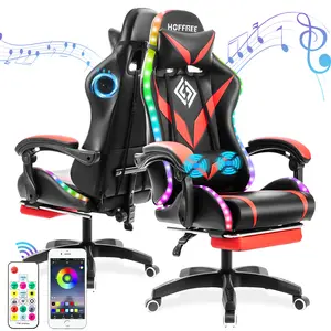 Gaming Chair with Speakers and LED Lights Ergonomic Computer Chair with Massage and Footrest Reclining Video Game Chair for Adults with Adjustable Lumbar Support Red and Black