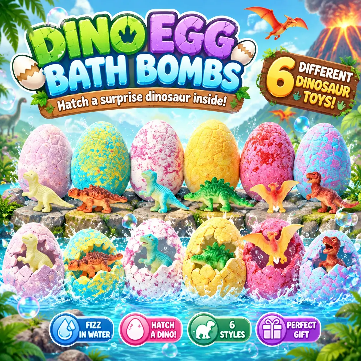 Kids’ 6pcs Dinosaur Bath Bomb Set - Beauty & Body Care Bath Products Kit with Individual Surprise Inserts for Unwrapping Excitement, Ideal Christmas & Birthday Gift