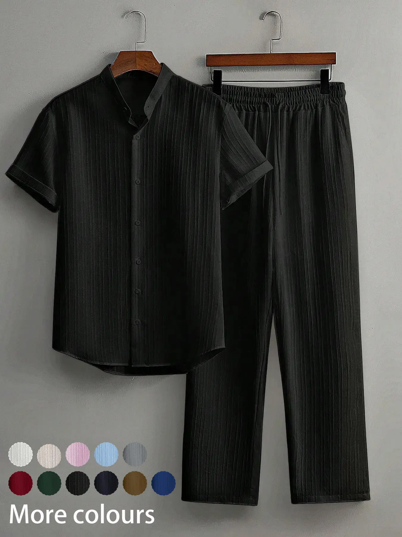 Two-Piece Set Match Style Set Men's Plain Solid Color Striped Trim Button Shirt & Pants, Regular Fit Casual Short Sleeve Collared Top & Trousers for Summer, Men's Clothes for Daily Wear, Menswear