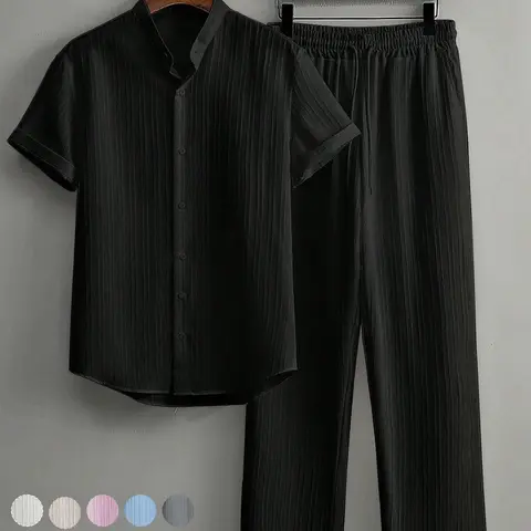 Two-Piece Set Match Style Set Men's Plain Solid Color Striped Trim Button Shirt & Pants, Regular Fit Casual Short Sleeve Collared Top & Trousers for Summer, Men's Clothes for Daily Wear, Menswear