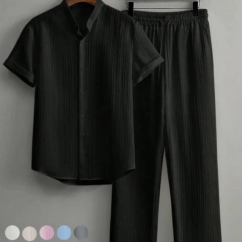 Two-Piece Set Match Style Set Men's Plain Solid Color Striped Trim Button Shirt & Pants, Regular Fit Casual Short Sleeve Collared Top & Trousers for Summer, Men's Clothes for Daily Wear, Menswear