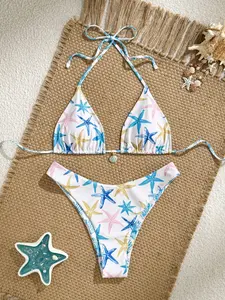 New Starfish Shell Print Sexy Fashion Tie Back Beach Adjustable Strap Bikini Two-Piece Set, Fitted Casual Style Swimwear for All Seasons, Tie Back Bikinis