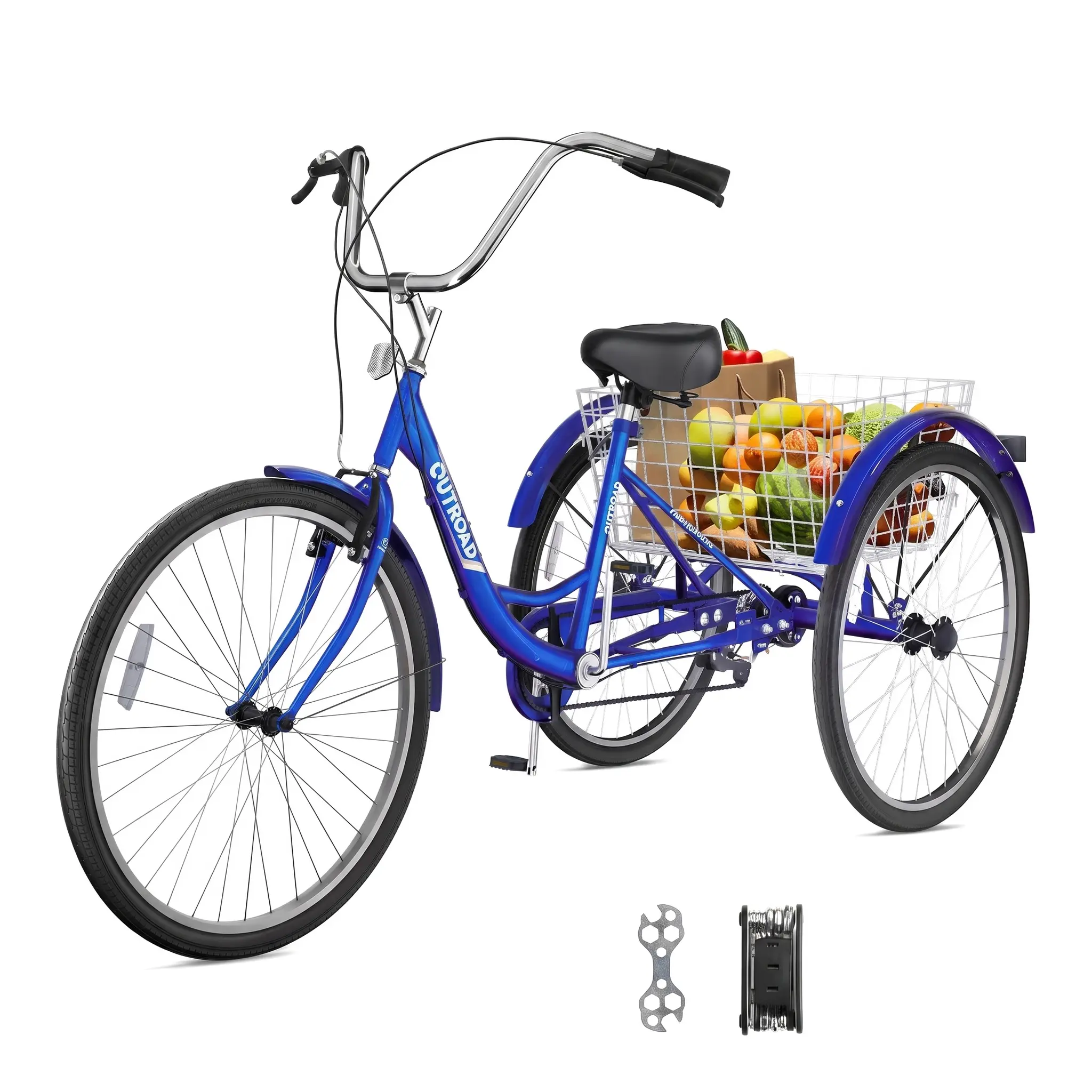 Max4out Adult Tricycle - 24/26 Inch Cruiser Trike with Shock-Absorbing Saddle & Large Rear Basket for Seniors, Ideal for Errands, Outdoor Riding, Available in Red, Blue