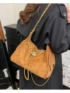 Women's Fashion High-Quality Diamond Chain Bucket Bag, Large Capacity Drawstring Shoulder Clutch, All-Season Commuter Handbag