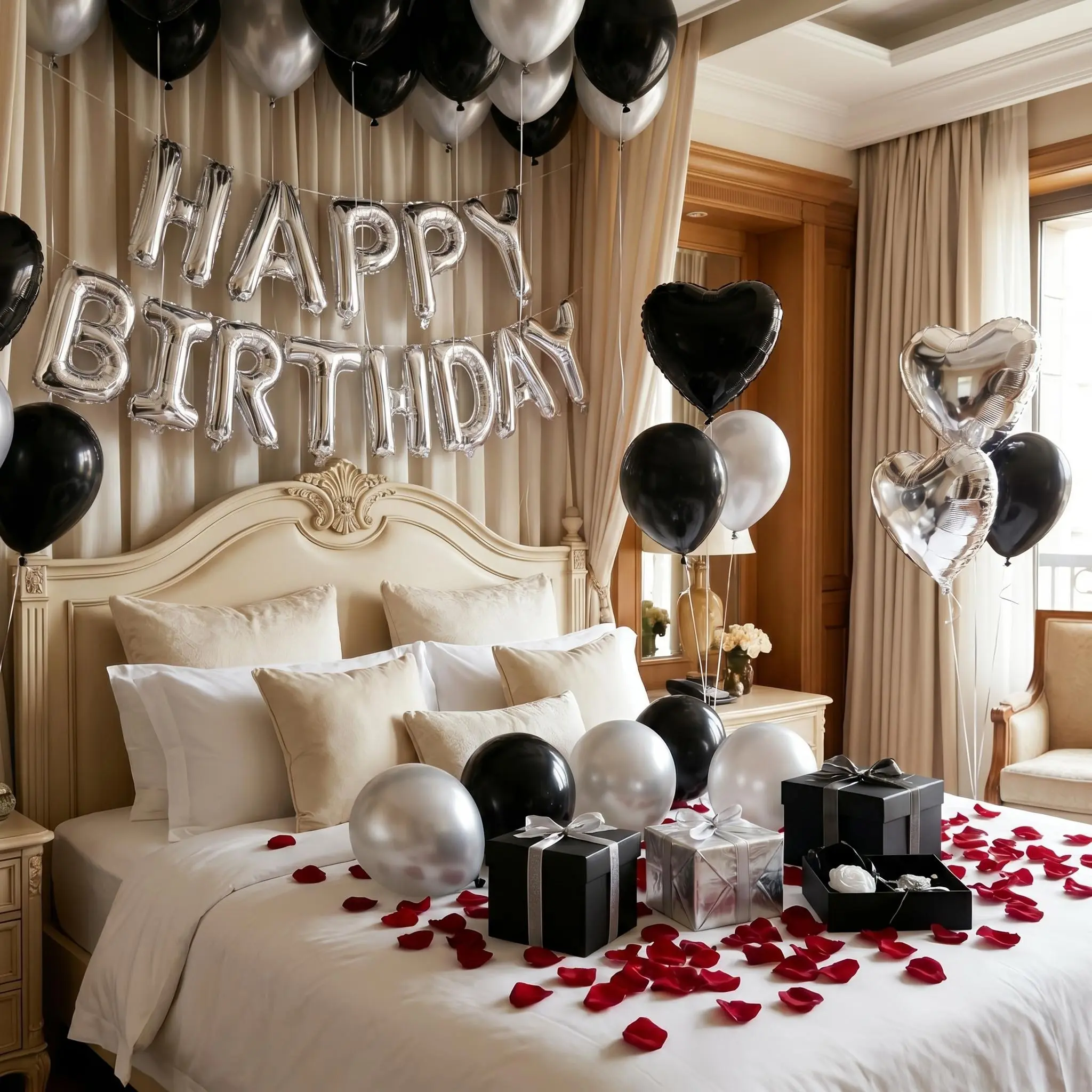 Thickened 583-Piece Black & Silver Contrasting Color Scheme 18-in Heart-Shaped Aluminum Foil Set - Round, Irregular Accents, "Happy Birthday" Banner, Red Mock Petals, Blow Up Items for Balloon Decor, Business Events, Birthday Parties