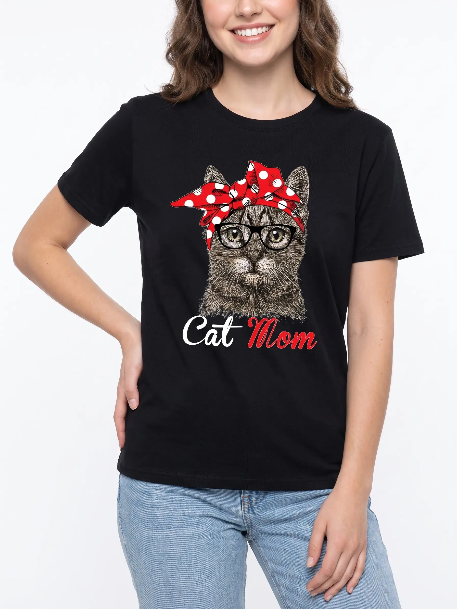 Women's Funny Cat Mom Graphic T-Shirt - 100% Cotton Soft Fabric, Casual Short Sleeve Round Neck, Everyday Fit & Style, Breathable, Mother's Day Gift for Cat Lovers