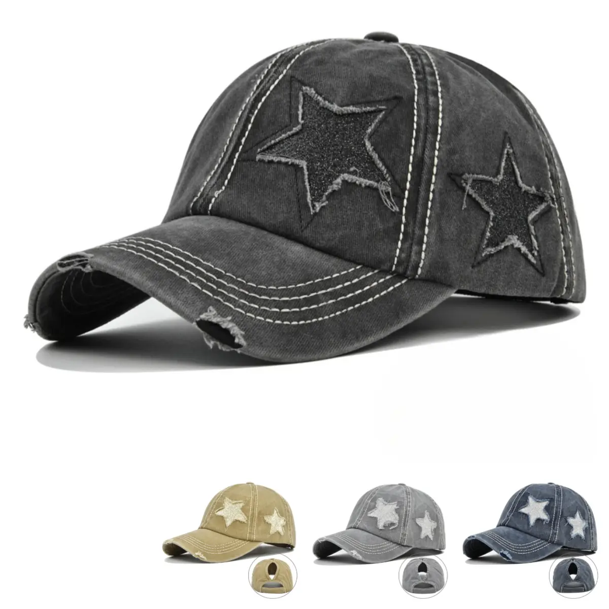 Distressed Dad Hat with Shiny Star Appliqué, Unisex Vintage Washed Cotton Baseball Cap - Adjustable Streetwear for Outdoor Leisure, Trucker Hat, Shiny Star Adds Flair, Casual Hat, Mens Hats