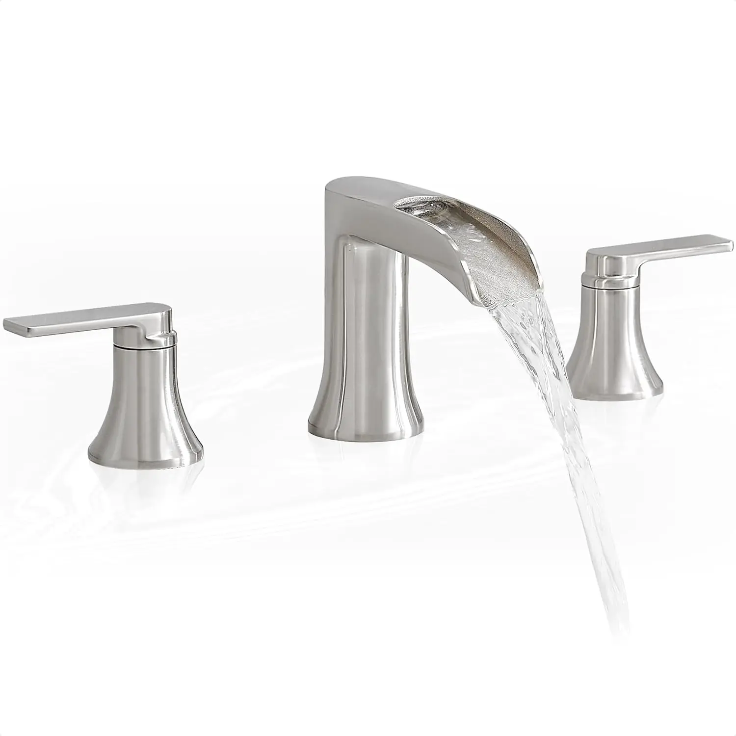 Brushed Nickel Tub Faucet Set 3 Hole, Brass Deck Mount Waterfall Bathtub Faucet Set, High Flow Widespread 6-16 Inch Roman Tub Faucets 2 Handle